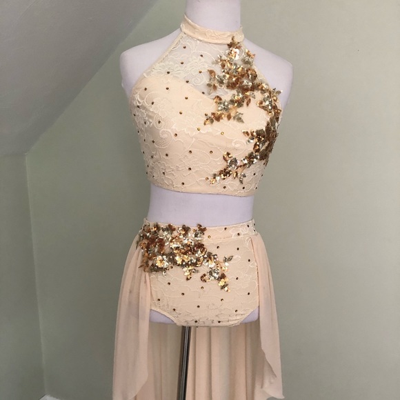 ART STONE Custom lyrical two piece dance costume Gold & Cream - Picture 2 of 6